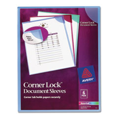 Corner Lock Document Sleeves, Letter Size, Assorted Colors, 6/Pack