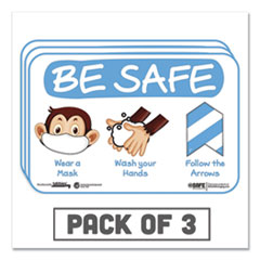 BeSafe Messaging Education Wall Signs, 9 x 6,  "Be Safe, Wear a Mask, Wash Your Hands, Follow the Arrows", Monkey, 3/Pack