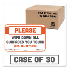 BeSafe Messaging Repositionable Wall/Door Signs, 9 x 6, Please Wipe Down All Surfaces You Touch, White, 30/Carton