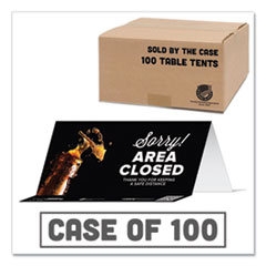 BeSafe Messaging Table Top Tent Card, 8 x 3.87, Sorry! Area Closed Thank You For Keeping A Safe Distance, Black, 100/Carton