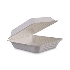 Bagasse Food Containers, Hinged-Lid, 1-Compartment 9 x 9 x 3.19, White,  Sugarcane, 100/Sleeve, 2 Sleeves/Carton