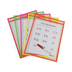 Reusable Dry Erase Pockets, 9 x 12, Assorted Neon Colors, 10/Pack