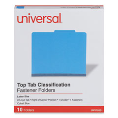 Bright Colored Pressboard Classification Folders, 2" Expansion, 1 Divider, 4 Fasteners, Letter Size, Cobalt Blue, 10/Box