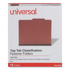 Eight-Section Pressboard Classification Folders, 3" Expansion, 3 Dividers, 8 Fasteners, Letter Size, Red Exterior, 10/Box