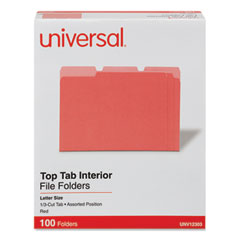 Interior File Folders, 1/3-Cut Tabs: Assorted, Letter Size, 11-pt Stock, Red, 100/Box