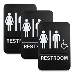 Indoor/Outdoor Restroom Sign with Braille Text and Wheelchair, 6" x 9", Black Face, White Graphics, 3/Pack