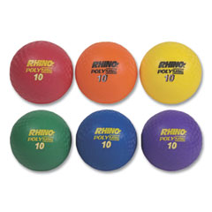 Rhino Playground Ball Set, 10" Diameter, Rubber, Assorted Colors, 6/Set