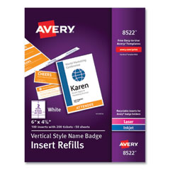 Name Badge Insert Refills, Vertical, 4 1/4 x 6, White, 100/Pack