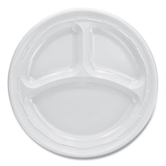 Plastic Plates, 3-Compartment, 9" dia, White, 125/Pack, 4 Packs/Carton