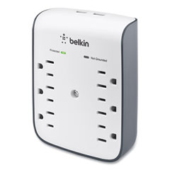 SurgePlus USB Wall Mount Charger, 6 AC Outlets/2 USB Ports, 900 J, White/Black