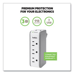 Wall Mount Surge Protector, 3 AC Outlets/2 USB Ports, 918 J, Gray/White