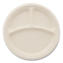 Bagasse PFAS-Free Dinnerware, Plate, 10" dia, 3-Compartment, Tan, 500/Carton