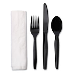 Four-Piece Cutlery Kit, Fork/Knife/Napkin/Teaspoon, Black, 250/Carton