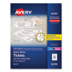 Printable Tickets with Tear-Away Stubs, 97 Bright, 65 lb Cover Weight, 8.5 x 11, White, 10 Tickets/Sheet, 50 Sheets/Pack