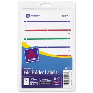 Avery® File Folder Labels on 4" x 6" Sheets, Easy Peel, Assorted, Print & Handwrite, 2/3" x 3-7/16" , 252 Labels (5215)