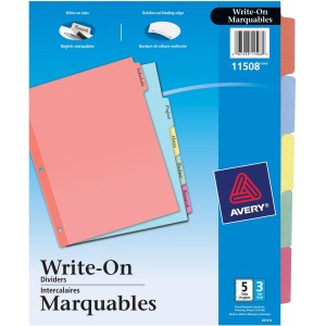 Avery® Write-On Paper Dividers for 3 Ring Binders, 5-Tab Set, 8.5" x 11" , Multicolor, 36 Sets (11508)