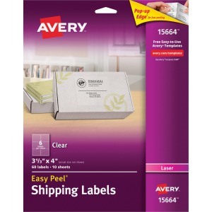 Avery® Matte Clear Shipping Labels, Sure Feed® Technology, Laser, 3-1/3" x 4" , 60 Labels (15664)