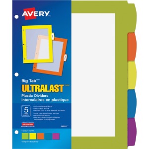 Avery® Big Tab™ UltraLast™ Plastic Dividers for Laser and Inkjet Printers, 5 tabs