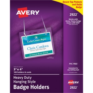 Avery(R) Heavy Duty Badge Holders, 3" x 4" , 100 Horizontal ID Badge Holders with Cords (2922)