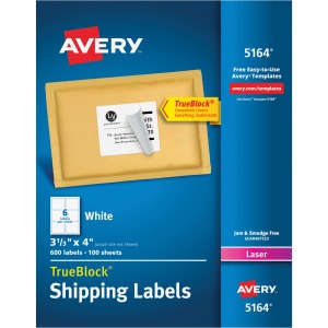 Avery® Shipping Labels, Sure Feed, 3-1/3" x 4" , 600 White Labels (5164)