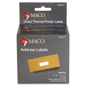 MACO 1 1/8" x 3 1/2" Direct Thermal White Address Labels (260 Labels/Roll) (2 Rolls/Box) (Interchangeable with Dymo# 30320, Seiko# SLP-2RLH)