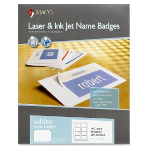 MACO 2 1/3" x 3 3/8" Laser/Inkjet Name Badge Labels (8 Labels/Sheet) (50 Sheets/Box) (Interchangeable with Avery# 5395)