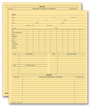 Vet Animal History Exam Record, 2 Sided, Card File Fold