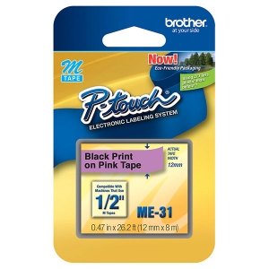 Brother 12mm (1/2") Black on Pink Non-Laminated Tape (8m/26.2') (1/Pkg)