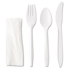 Wrapped Cutlery Kit, Fork/Knife/Spoon/Napkin, Mediumweight, Polypropylene Plastic, White, 250/Carton