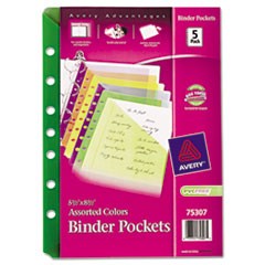 Small Binder Pockets, Standard, 7-Hole Punched, Assorted, 5 1/2 x 9 1/4, 5/Pack