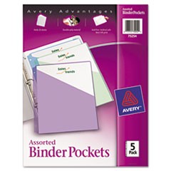 Binder Pockets, 3-Hole Punched, 9 1/4 x 11, Assorted Colors, 5/Pack