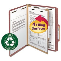 100% Recycled Pressboard Classification Folders, 1 Divider, Letter Size, Red, 10/Box