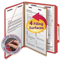 Four-Section Pressboard Top Tab Classification Folders with SafeSHIELD Fasteners, 1 Divider, Letter Size, Bright Red, 10/Box