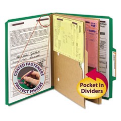 6-Section Pressboard Top Tab Pocket-Style Classification Folders with SafeSHIELD Fasteners, 2 Dividers, Letter, Green, 10/Box