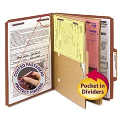 6-Section Pressboard Top Tab Pocket-Style Classification Folders with SafeSHIELD Fasteners, 2 Dividers, Letter, Red, 10/Box