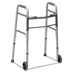 Two-Button Release Folding Walker with Wheels, Silver/Gray, Aluminum, 32-38"H
