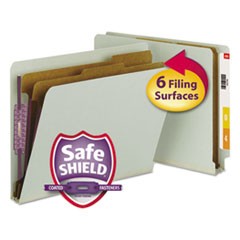 End Tab Pressboard Classification Folders with SafeSHIELD Coated Fasteners, 2 Dividers, Letter Size, Gray-Green, 10/Box