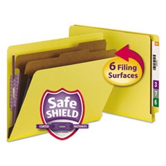 End Tab Colored Pressboard Classification Folders with SafeSHIELD Coated Fasteners, 2 Dividers, Letter Size, Yellow, 10/Box