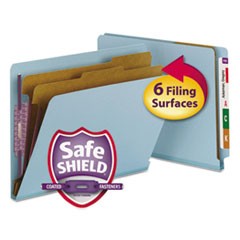 End Tab Colored Pressboard Classification Folders with SafeSHIELD Coated Fasteners, 2 Dividers, Letter Size, Blue, 10/Box