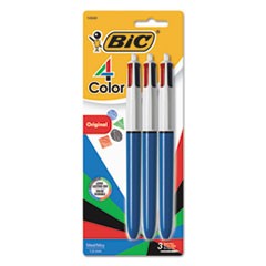 4-Color Multi-Color Ballpoint Pen, Retractable, Medium 1 mm, Black/Blue/Green/Red Ink, Blue Barrel, 3/Pack