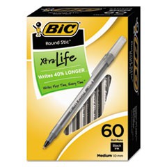 Round Stic Xtra Life Ballpoint Pen Value Pack, Stick, Medium 1 mm, Black Ink, Translucent Frost Barrel, 60/Box