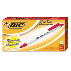 Clic Stic Ballpoint Pen, Retractable, Medium 1 mm, Red Ink, White Barrel, Dozen