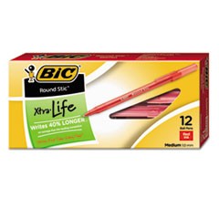 Round Stic Xtra Life Ballpoint Pen, Stick, Medium 1 mm, Red Ink, Translucent Red Barrel, Dozen