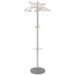 Wavy Coat Tree, Six Hangers/Two Knobs/Four Hooks, 18.88w x 14d x 68.5h, Silver Steel/Wood