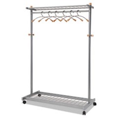 Garment Racks, Two-Sided, 2-Shelf Coat Rack, 6 Hanger/6 Hook, 44.8w x 21.67d x 70.8h, Silver Steel/Wood