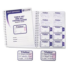 Time's Up Self-Expiring Visitor Badges with Registry Log, 3 x 2, White, 150 Badges/Box