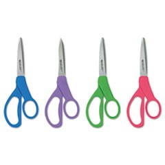 Student Scissors with Antimicrobial Protection, Pointed Tip, 7" Long, 3" Cut Length, Randomly Assorted Straight Handles