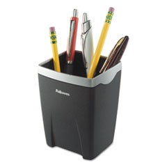 Office Suites Divided Pencil Cup, Plastic, 3 1/16 x 3 1/16 x 4 1/4, Black/Silver