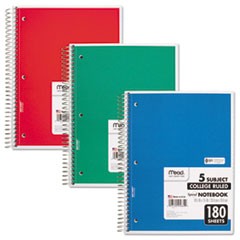 Spiral Notebook, 5-Subject, Medium/College Rule, Randomly Assorted Cover Color, (180) 10.5 x 8 Sheets