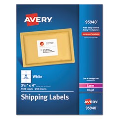 White Shipping Labels-Bulk Packs, Inkjet/Laser Printers, 3.33 x 4, White, 6/Sheet, 250 Sheets/Box